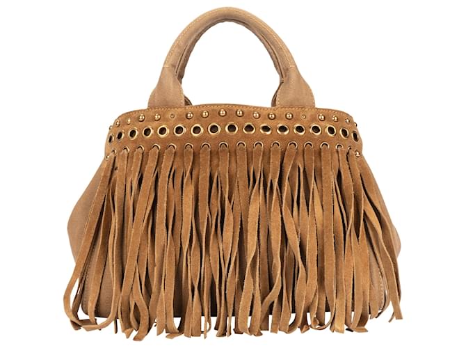 Bolsa de mão em canapa com franjas marrons Prada Marrom Lona  ref.1545372