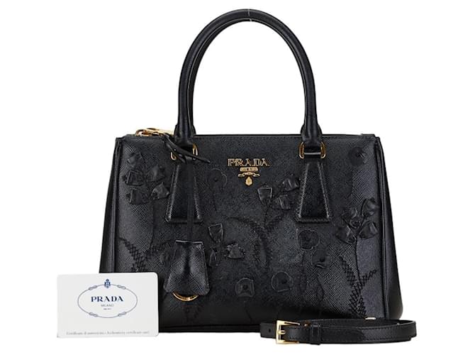 Prada Saffiano Flower Bouquet Motif Handbag Black Leather  ref.1546421