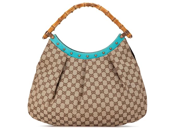 Sac hobo Gucci en toile GG marron avec clous en bambou Tissu Beige  ref.1546597