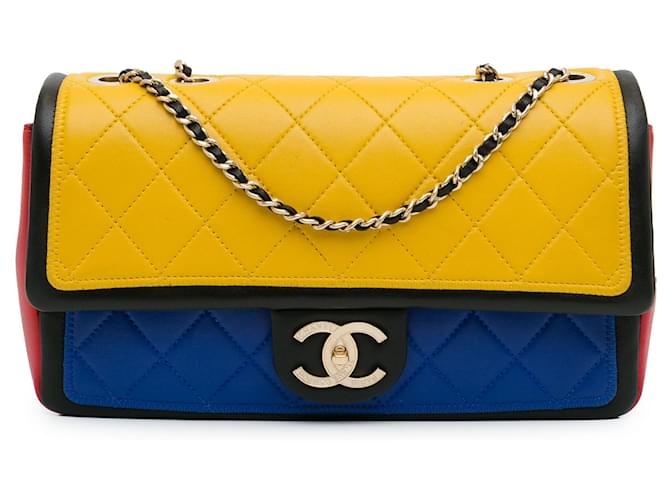 Chanel Jaune Moyen Tricolore Cuir d'Agneau Graphique Rabat  ref.1546638