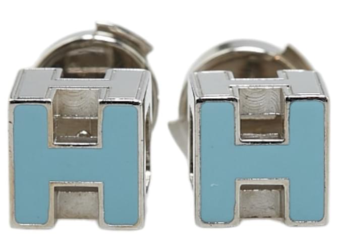 Hermès Hermes Cage d'Ache H Cube Earrings Silvery Light blue Metal  ref.1546644