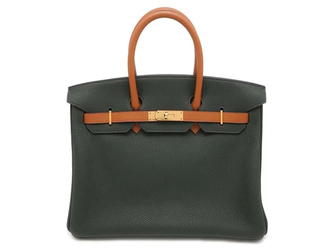 Hermès Sac à main Hermes Birkin 35 en Vert Foncé et Or Cuir Doré  ref.1546702