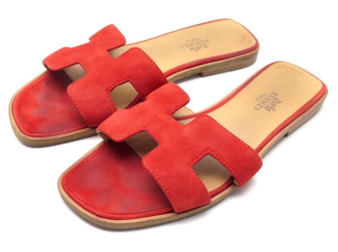 Hermès HERMES ORAN H221208Z 37 SANDALS MULES SUEDE RED + BOX SHOES  ref.1546854