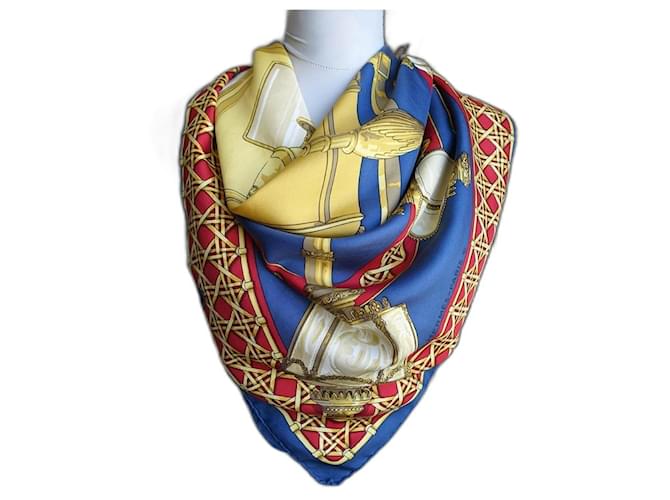 Hermès Silk Scarf Original Vintage 90x90 Silk Cloth "Feux de Route" Red Blue Yellow  ref.1548167