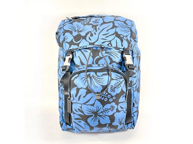 Sac à dos à motif hibiscus Prada Nylon Bleu  ref.1548764