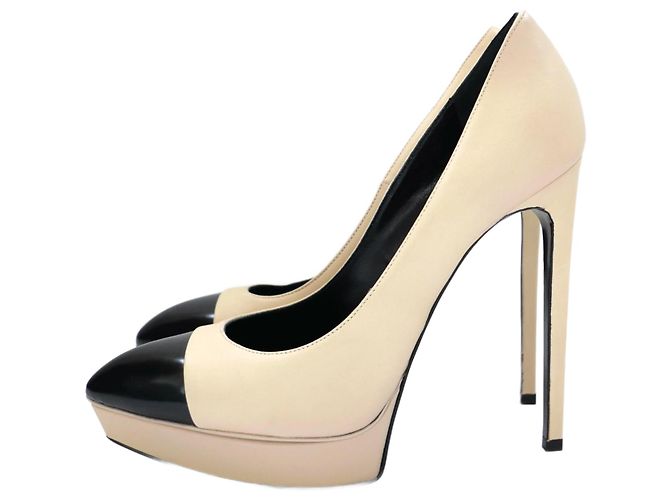 Décolleté a piattaforma con punta beige e nera Saint Laurent Janis.