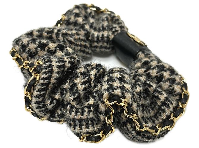 Chanel Coco Marchio Houndstooth Hair Chain Scrunchie Beige