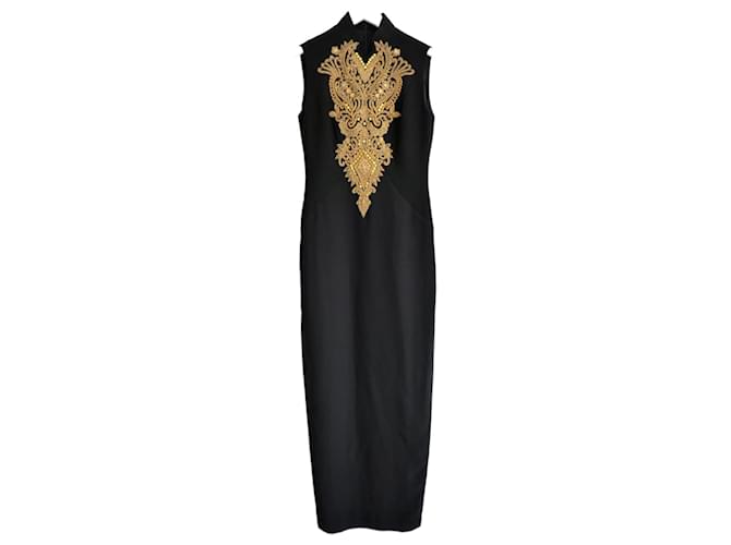 Autre Marque Man Lou Lan Gold Embellished Black Crepe QiPa Cheongsam Dress Polyester  ref.1549812