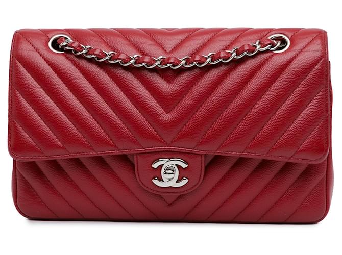 Red Chanel Medium Classic Chevron Caviar Double Flap Shoulder Bag Leather  ref.1550025