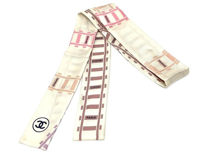 Lenço de seda Twilly com motivo ferroviário Chanel CC Coco Mark Branco