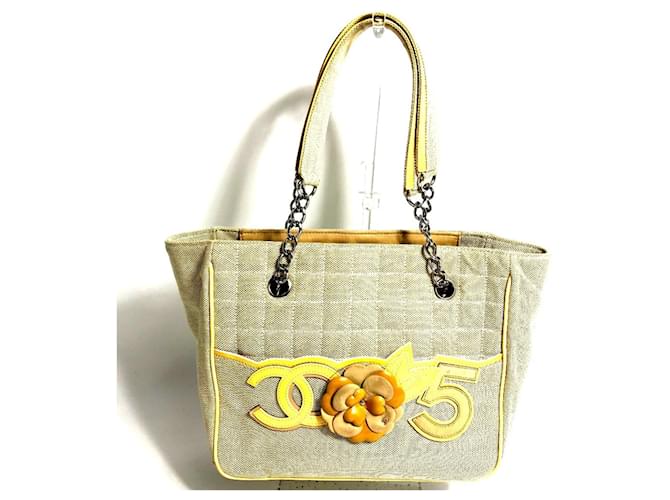 Chanel Camellia No. 5 Chain Tote Bag Brown Yellow Leather Cloth  ref.1551606