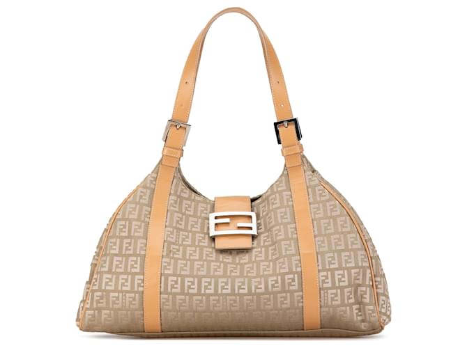 Fendi Brown Zucchino Canvas Shoulder Bag Beige Leather Cloth Pony-style calfskin Cloth  ref.1551735