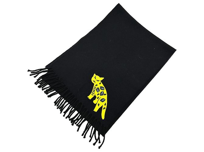 Fendi Black Wool Stole with Leopard Motif