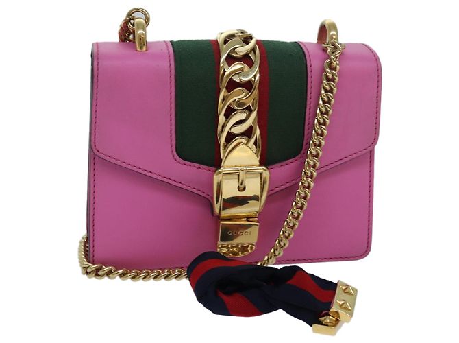 GUCCI Sylvie Web Sherry Line Mini Bolsa de Cadena de Cuero Rosa 431666 Auth ar12089