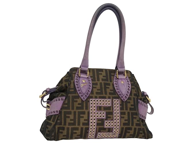 Bolsa de mão em canvas Zucca FENDI marrom preto roxo Auth 83149 Lona  ref.1552664