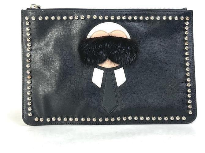 Fendi Studded Pouch Karl Lagerfeld Clutch Bag Black White Leather Fur ref.1552819 Joli Closet