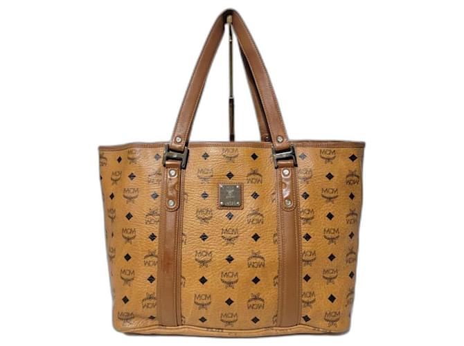 MCM Cognac Visetos Shopper Tote Bag Brown Leather