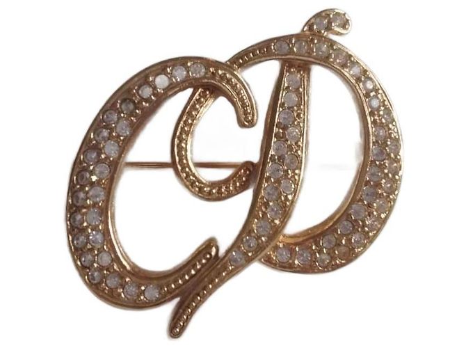 Broche Christian Dior initiales CD dorée cristal