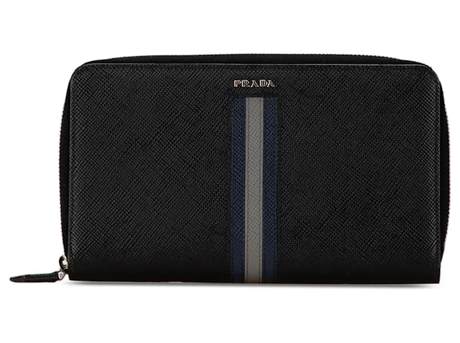 Prada Black Saffiano Stripe Zip Around Wallet Leather ref.1553541 Joli Closet