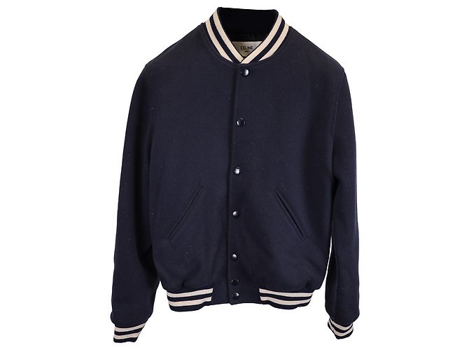 Céline Celine Varsity Collegiate Bomberjacke aus marineblauer Wolle