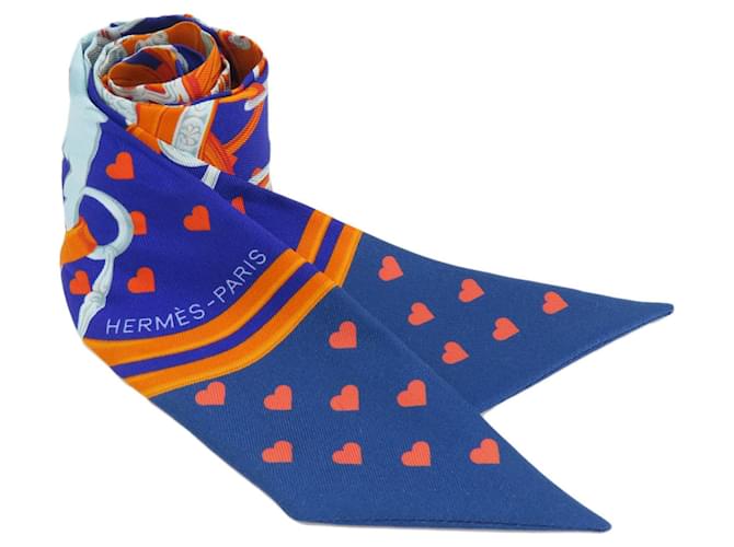 Hermès Sciarpa Muffler Twilly Hermes Arancione Blu navy Seta  ref.1554975