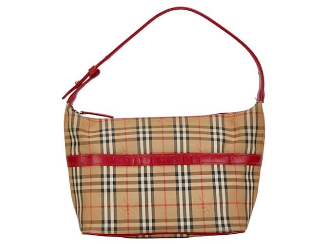 Sac à cheval Burberry Nova Check Shadow Cuir Toile Rouge Beige  ref.1555476