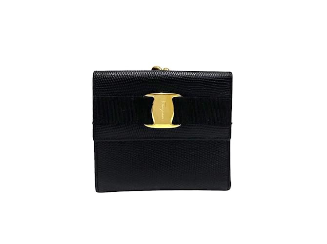 Portefeuille pliant en cuir noir Salvatore Ferragamo  ref.1555690