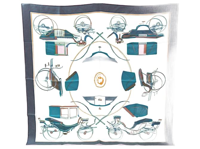 Hermès Hermes CARRES90 LES VOITURES A TRANSFORMATION Silk Scarf Multiple colors Light green  ref.1555767