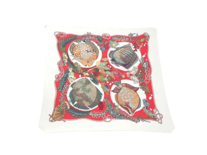Hermès Hermes Pleated Scarf Carre Fish Pattern White Red