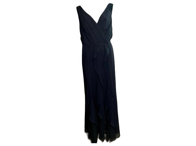 Vera Wang Schwarzes Abendkleid mit Rüschen aus Chiffon