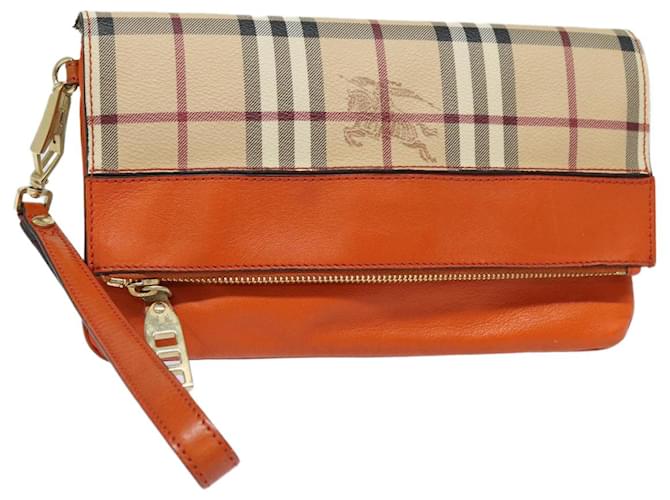 Bolsa clutch em PVC couro bege laranja com estampa Nova Check da BURBERRY Auth 83126A  ref.1556215