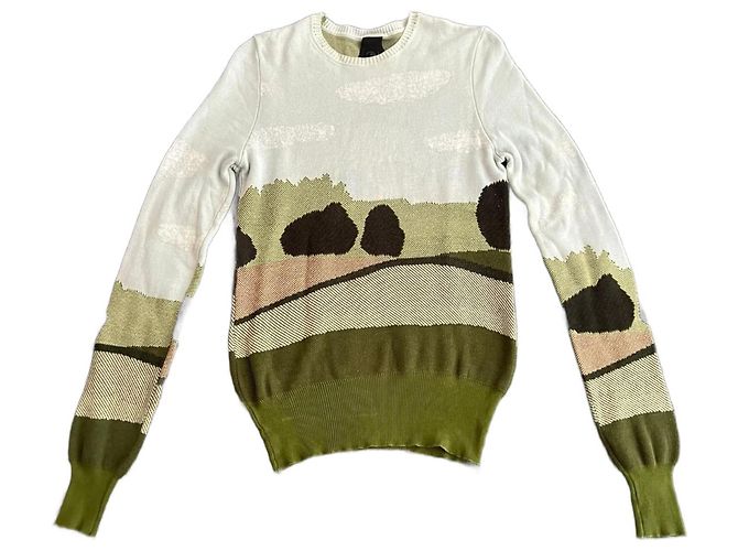 Autre Marque Jacquard Landschafts-Pullover Bernhard Willhelm Frühling Sommer 2001. Hellblau Dunkelgrün