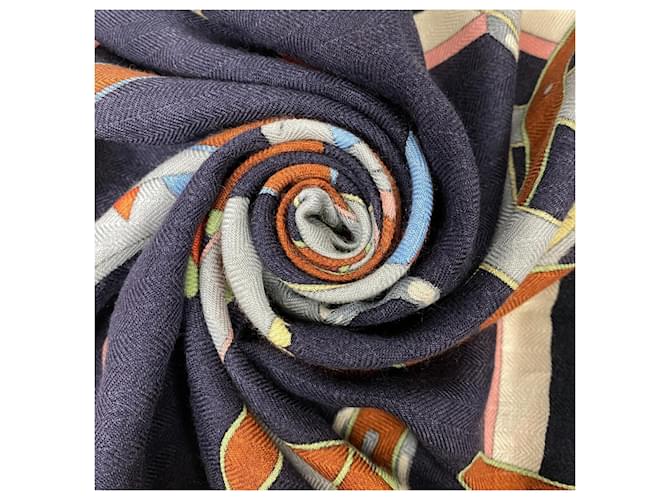 Hermès Carré Gean Harnais en Rosace Écharpe Rose Window Soie Cachemire Bleu Marine  ref.1557573