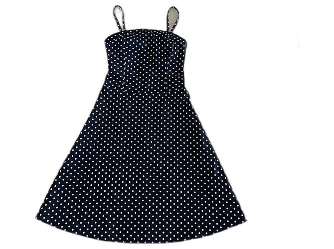 Vestido preto com bolinhas de marfim, algodão lycra, tamanho 36, Adolfo Dominguez Creme