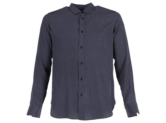 Saint Laurent Button-Down Polka Dot Shirt in Navy Blue Cotton