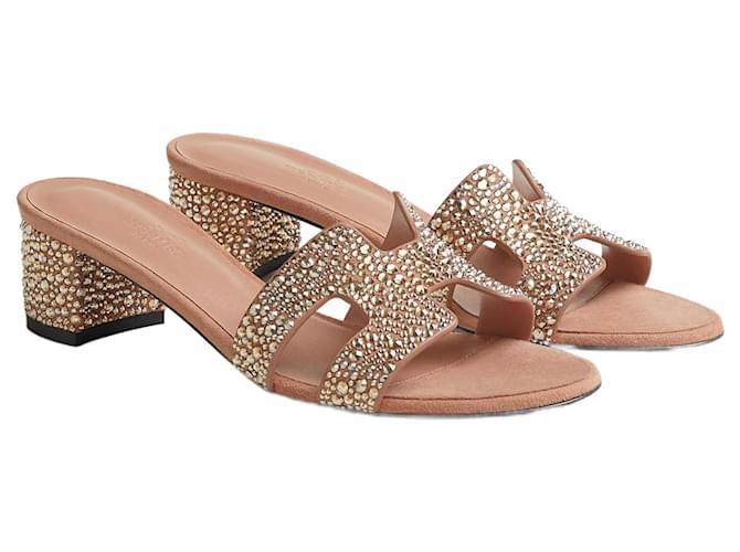 Hermès Hermes Oasis sandals with heel and rhinestones Pink Beige Leather Deerskin  ref.1558705