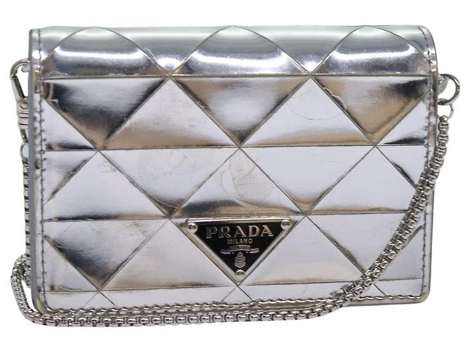 PRADA Bolsa de Ombro Poche Triângulo Painel Prata Auth 84299
