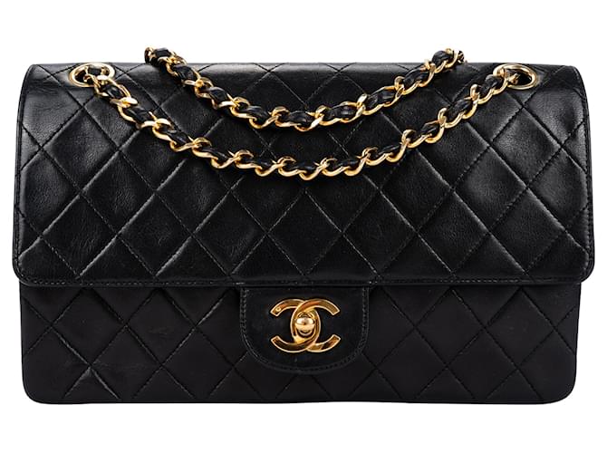 Borsa a doppio flap media in pelle di agnello trapuntata Chanel 24K Gold Nero Tela  ref.1559051