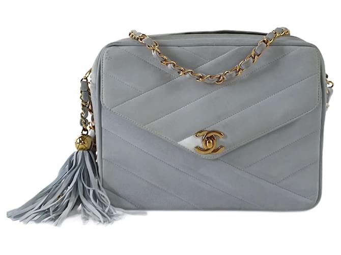 Chanel Camera model shoulder bag with fringe Light blue Suede  ref.1559078