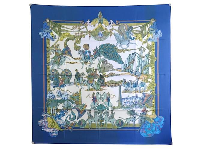 Hermès NEUF FOULARD HERMES AU FIL DE LA SOIE PAR ANNIE FAIVRE SOIE BLEU SILK SCARF  ref.1559771