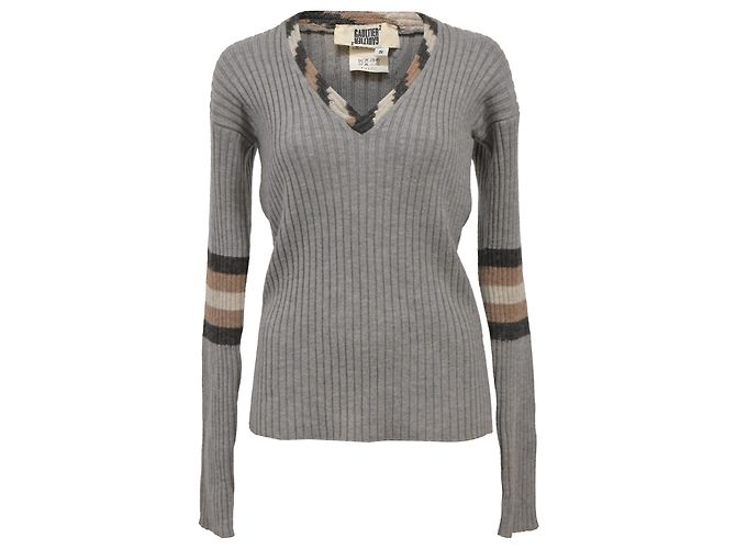Grau gestrickter V-Ausschnitt Pullover aus Wolle von Jean Paul Gaultier
