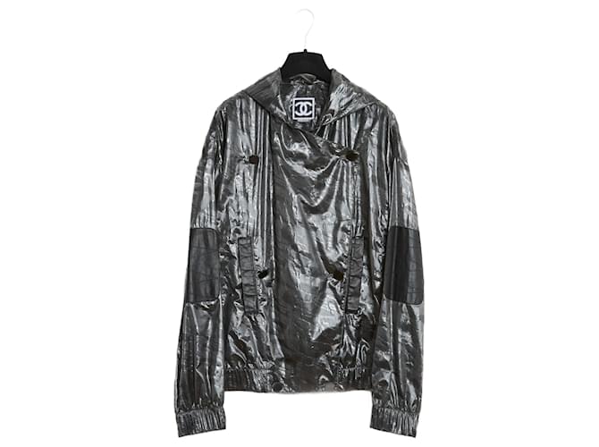 Chanel 1995s Chaqueta Blouson FR38 Brillante Gris Oscuro Impermeable US8 Gris antracita Cuero  ref.1560452