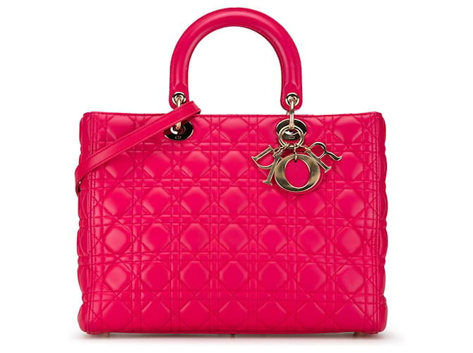 Pink Dior Large Lambskin Cannage Lady Dior Satchel Leather  ref.1560830