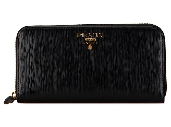 Black Prada Vitello Move Zip Around Continental Wallet Leather  ref.1560935