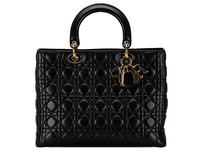 Black Dior Large Lambskin Cannage Lady Dior Satchel Leather  ref.1561064