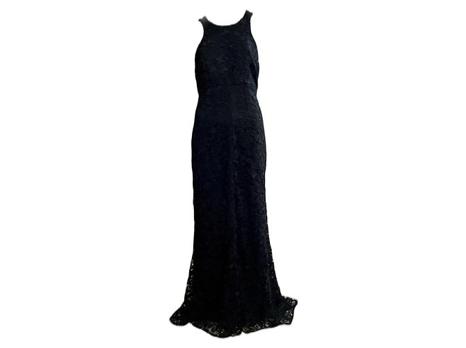 Vera Wang Vestido de noite com cauda de renda preta Preto