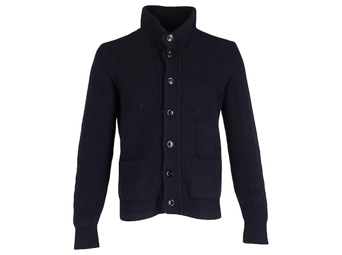 Tom Ford Ribbed-Knit High-Neck Buttoned Cardigan in Navy Blue Wool  ref.1561259