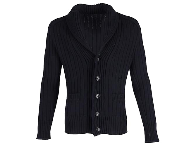 Tom Ford Ribbed Knit Shawl Cardigan in Navy Blue Wool  ref.1561338