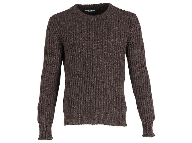 Brauner Wollpullover mit Rundhalsausschnitt aus Rippstrick von Dolce & Gabbana