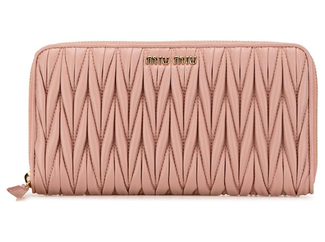 Miu Miu Pink Matelasse Zip Around Lambskin Leather Wallet